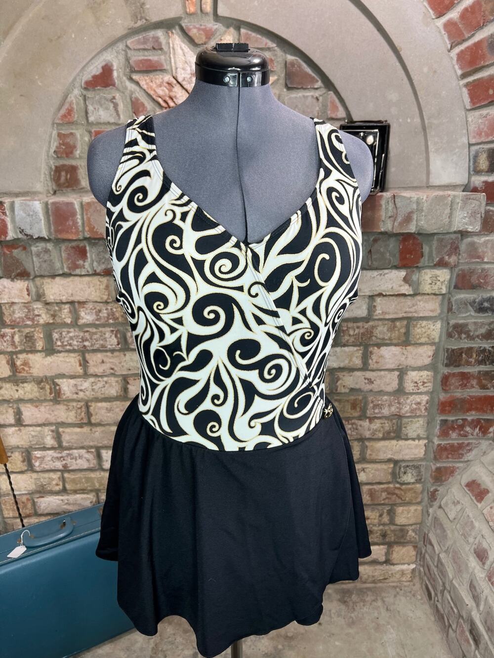 Longitude one piece swimsuit swimdress Vintage swirl black white